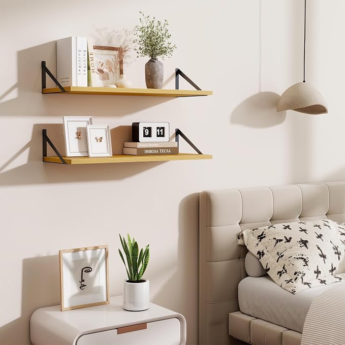 Acovy Deep Floating Shelves for Wall,30" Wx10 D Wood Floating Shelf Set of 2,Sturdy Metal Bracket Wide Display & Storage,Wall Mounted Hanging Floating Shelves for Living Room,Bedroom,Kitchen,Oak