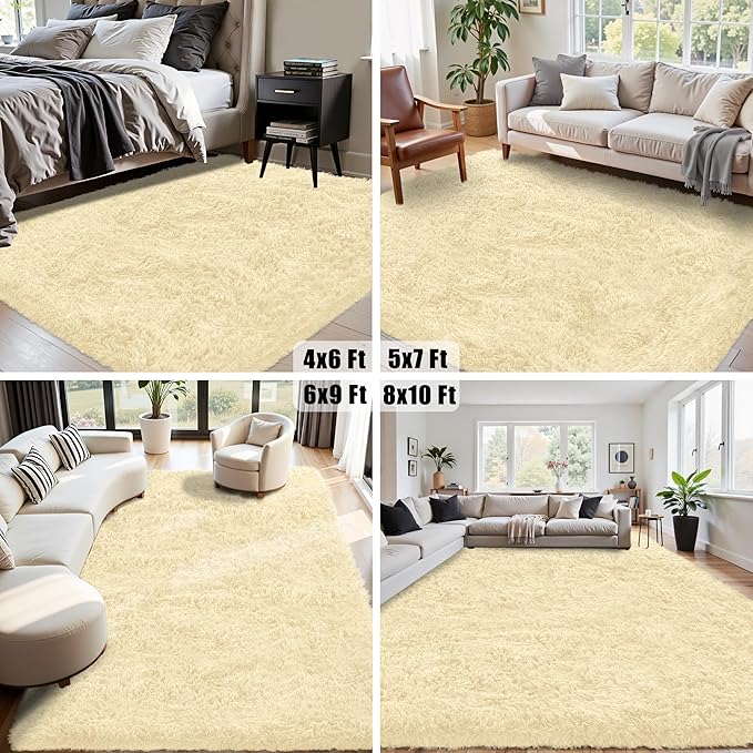 8x10 Area Rug for Living Room:Ultra Soft Fluffy Shag Cream White Rugs,Large Fuzzy Plush Indoor Non Slip Carpet Washable Rug for Bedroom Kids Nursery Office Dorm Modern Decor(Cream White 8'x10')