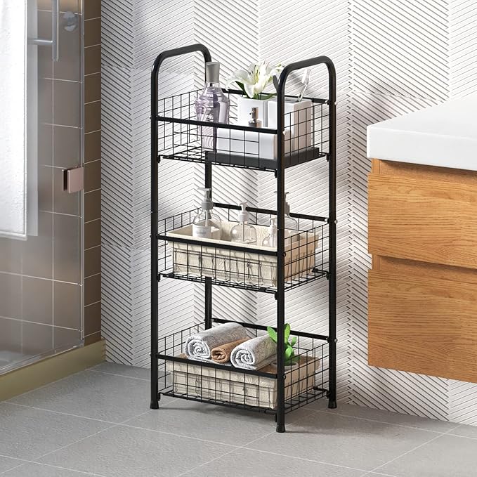 PROXRACER 3-Tier FreeStanding Open Shelf,Bathroom Organizer Shelves Unit with Adjustable Feet, Metal Steel Storage Tower Organizer Rack Basket Cart for Bathroom, Living Room, Balcony, Kitchen