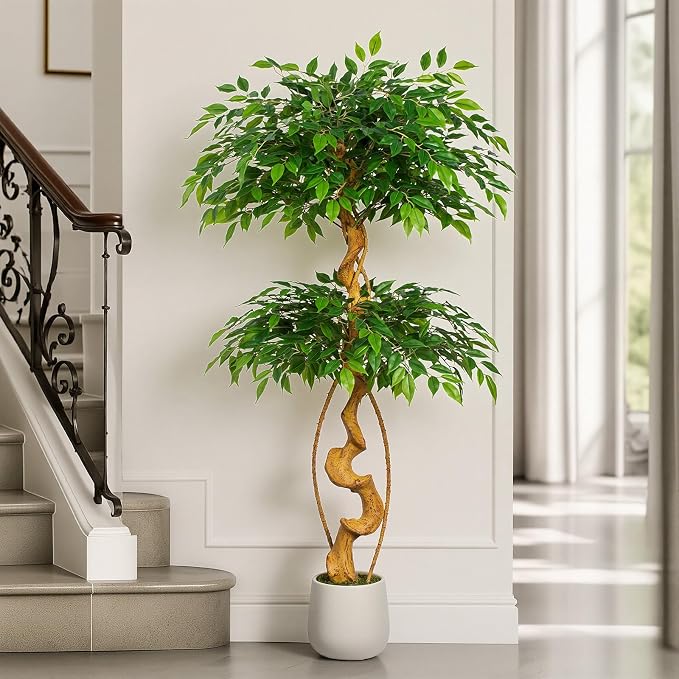 5FT Artificial Ficus Tree, 60in Fake Silk Tree with Natural Curved Trunk & 1488 Lush Leaves, Floor Faux Plant with White Pot, Low Maintenance Decor for Home, Office, Patio