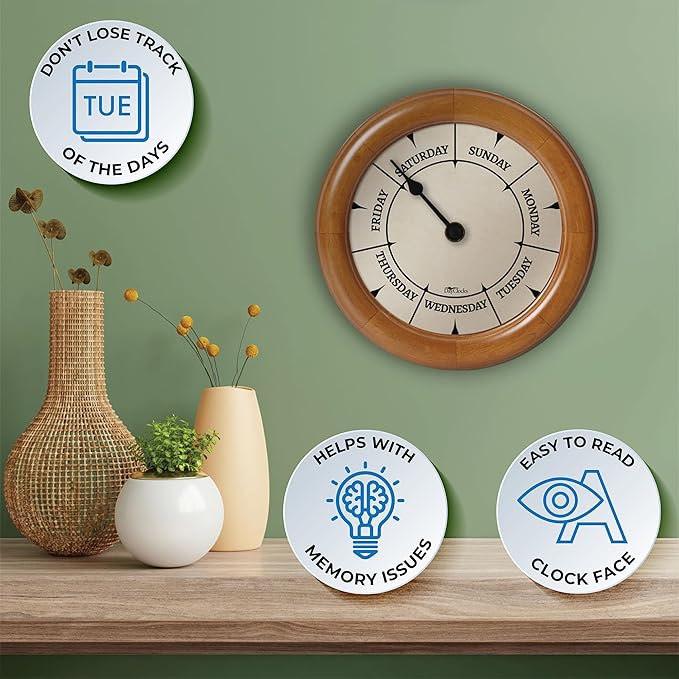 Classic Day of The Week Wall Clock - 10" Solid Pine Wood Frame, Ideal Retirement Gift for Men and Women, Day Clock for Seniors and Retirees