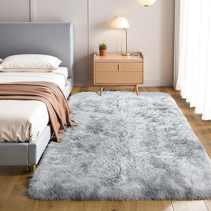 KICHOWUA Thick Area Rug Light Grey Fluffy 4x6 for Bedroom, Soft Shag Comfy Washable Rug for Living Room Dorm Kids Baby Nursery, Plush Shaggy Non-Slip Fuzzy Carpet, Tie Dye Gray