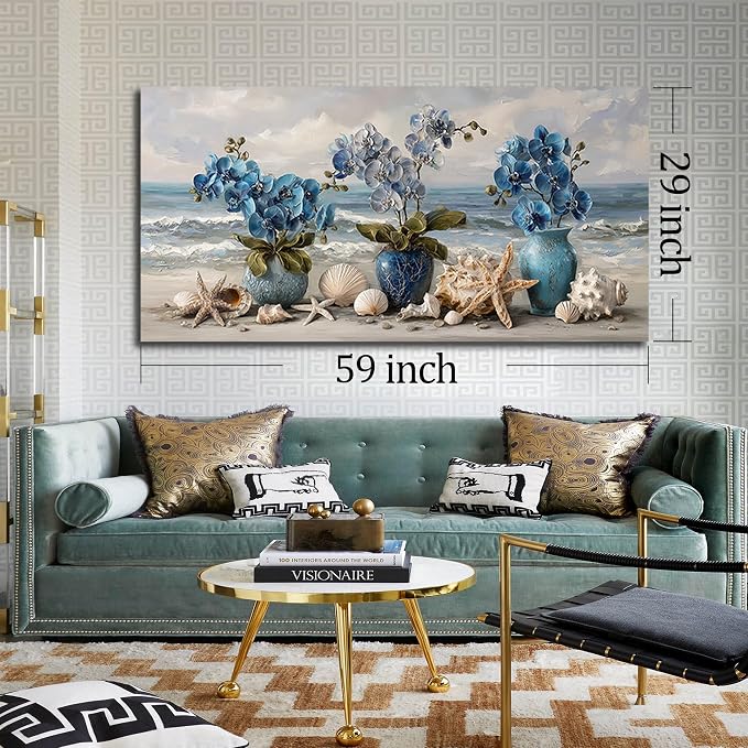 AOZEMI Vase Wall Art Large Seascape Wall Decor Beach Canvas Art Coastal Ocean Pictures Flower Poster Starfish Conch Shell Print Art for Bedroom Bathroom Living Room Office 29"x 59"