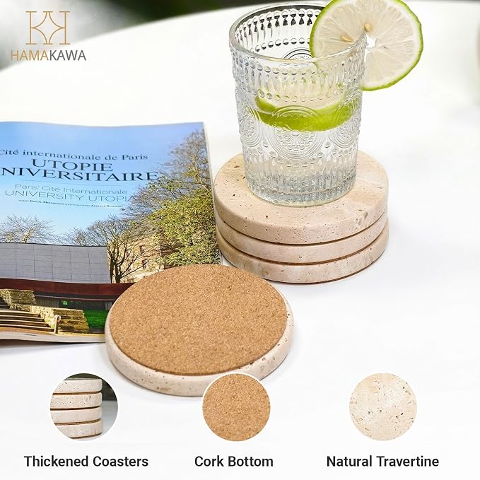 Turkish Natural Marble Coasters Set of 4, Round Travertine Coasters 4 inch, Beige Stone Drink Coaster for Home Decor, Coffee Table, Office