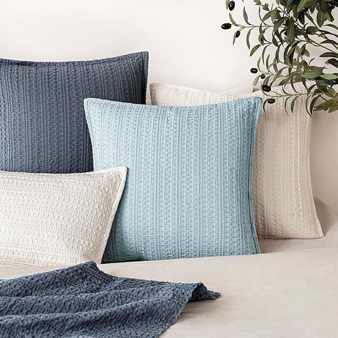 Foindtower Set of 2 Decorative Cotton Waffle Weave Throw Pillow Covers Euro Shams Cushion Covers Accent European Pillowcase for Bed Couch Sofa Bedroom Living Room Home Decor 24×24 Inch Light Blue