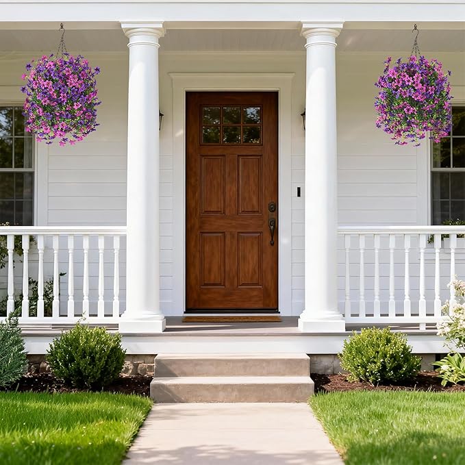 Artificial Hanging Baskets Outdoor, 4 Bundles Artificial Hanging Flowers Outdoors Spring Summer Decoration, No Fade Realistic Fake Hanging Baskets for Porch Patio Balcony Home Yard Decor