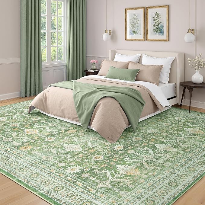 Lofus 9x12 Area Rug for Living Room, Light Green Washable Area Rugs with Non-Slip Backing,Soft Boho Carpets for Bedroom Dining Room Home Office Indoor Nursery