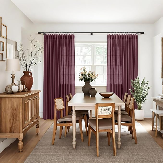 Jowels Burgundy Linen Curtains 84 Inch Long 2 Panels for Living Room | Light Filtering Semi Sheer Curtain, Back Tab Pocket Pleated Look, Boho Farmhouse Textured Privacy Drapes for Bedroom Window
