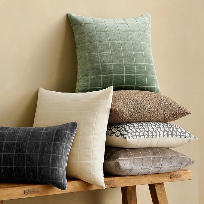 MIULEE Decorative Chenille Check Throw Pillow Covers Vintage Plaid Couch Pillows 20x20 Inch Set of 2 Neutral Boho Farmhouse Cushion Covers Modern Spring Home Decor for Sofa Bed Living Room Sage