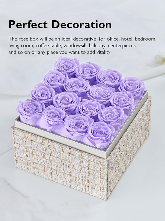 Eterfield Forever Flowers Preserved Roses Real Roses that Last Over a Year Rose Box Gifts for Her Mothers Day Valentines Day Christmas (Square Gold White Plaid Box, 16 Light Purple Roses)
