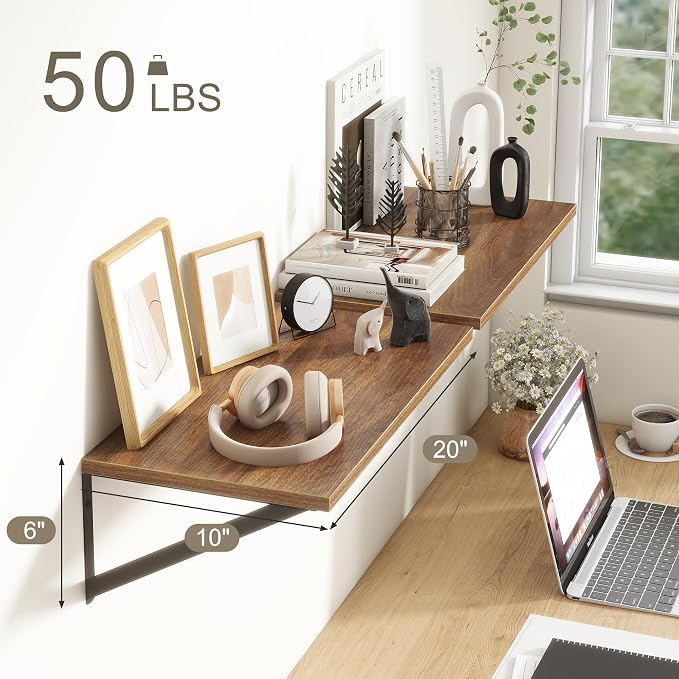 Fun Memories 20 Inch Floating Shelves, Deep Wall Shelves for Kitchen, 20 x 10 Floating Shelf for Living Room, Bedroom, Farmhouse Floating Shelves for Home Decor Storage, Walnut, Set of 2