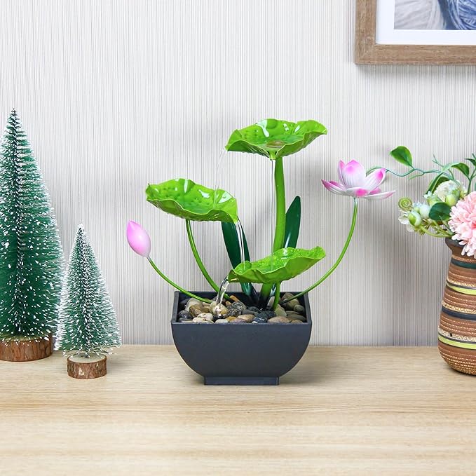 Water Fountain Indoor Waterfall Fountain 3-Tier Tabletop Fountain Lotus Desk Relaxation Home Decor Including Lots of Rocks and Soothing Sound Machine (Green 2)