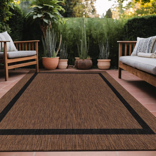Bordered Outdoor Rug 10x14 Washable Outside Carpet for Indoor Patio Porch Waterproof Easy Cleaning Non Shedding Area Rugs Nut Brown - Black 10 x 14