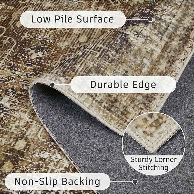 DCX Washable 5x7, Kid & Pet Friendly with Rubber Back Non Slip, Stain Resistant Vintage Rug for Living Room, Bedroom, Home Office, Soft Low Pile Large Farmhouse Distressed Carpet, Brickred