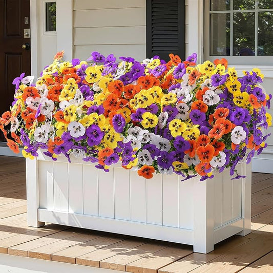 Alupssuc 48 Bundles Artificial Flowers for Outdoors, Fake Spring Flowers for Decoration, UV Resistant Realistic Pansies with Eucalyptus Silk Faux Flowers for Porch Yard, Purple Yellow White Orange
