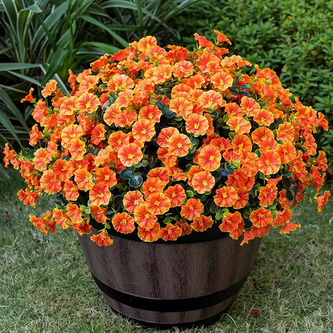 Nigirior Artificial Faux Flowers for Outdoor 16 Bundles Boxwood Fake Morning Glory for Planter,UV Resistant Fake Flowers for Home Porch Patio Outside（Orange）
