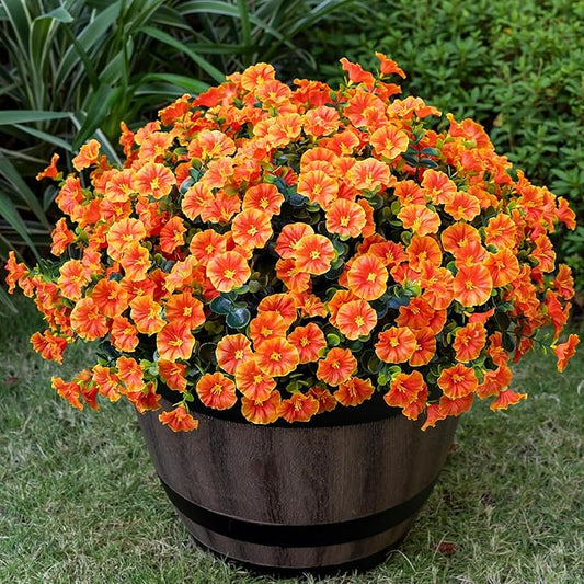 Nigirior Artificial Faux Flowers for Outdoor 16 Bundles Boxwood Fake Morning Glory for Planter,UV Resistant Fake Flowers for Home Porch Patio Outside（Orange）