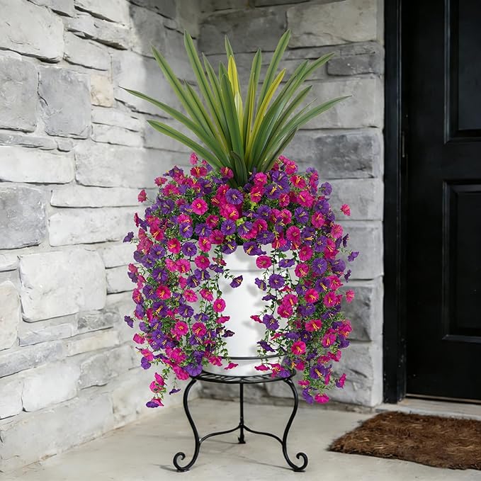 3 Bundles Fake Artificial Morning Glory Flowers for Outdoors, 1 Bundles Faux Greenery Plants UV Resistant Weatherproof for Indoor Outdoor Garden Patio Window Box Home Decor
