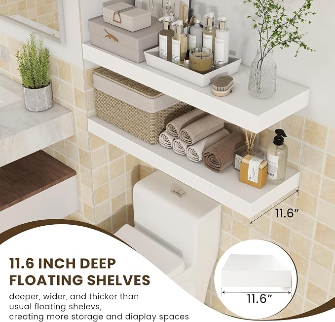 FLYJOE 36'' White Floating Shelves Set of 2, 12 Inch Deep Wood Shelves for Wall, 36 Inch White Shelves for Books, Toiletries, Kitchen Utensils, Laundry, 45Lbs, Hardware Included