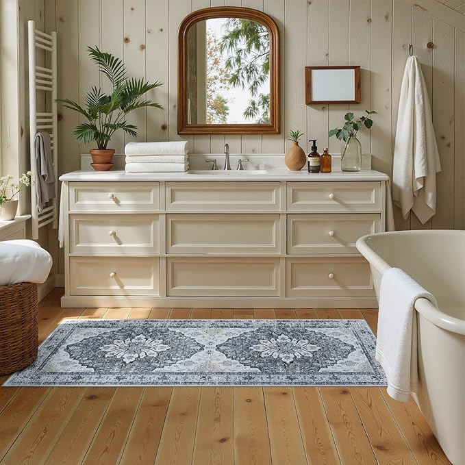 RELEANY Area Rugs 2'x5' Runner Rug Non Slip Washable for Kitchen Hallway Bedroom Beside Laundry Room Bathroom Rug, Floor Carpet, Light Gray Grey White