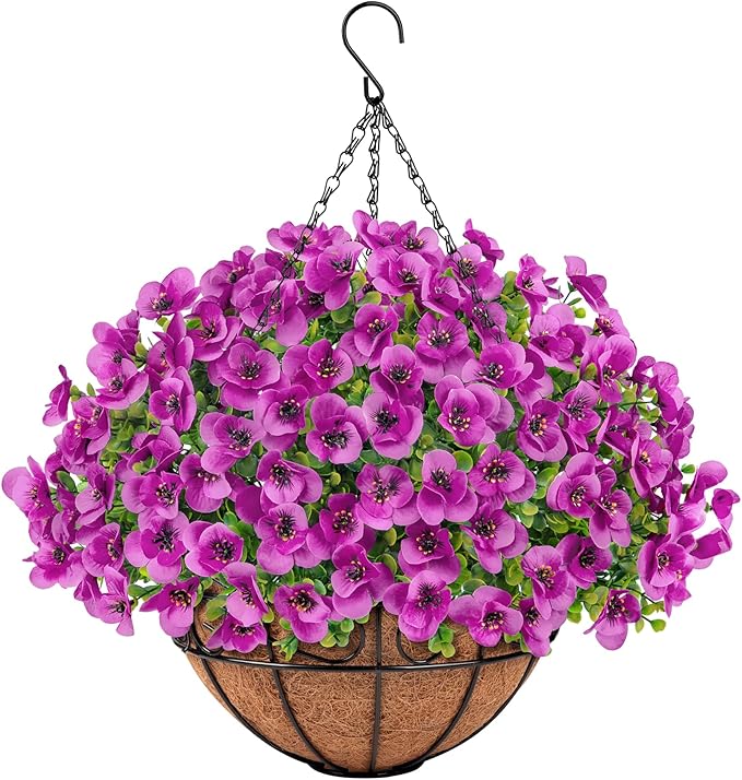 Artificial Hanging Flowers with Baskets for Outdoors, Fake Silk Pansy Flowers UV Resistant Faux Hanging Plants for Front Porch Patio Yard Home Spring Summer Decoration, Fuchsia