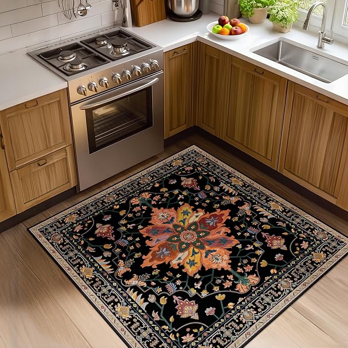 RELEANY Area Rugs Square 4ft Washable Non-Slip, Floral Vintage Distress Print Pattern Medallion Carpet for Living Room Bedroom Dining Room, Black Colorful Floral Dark Tan