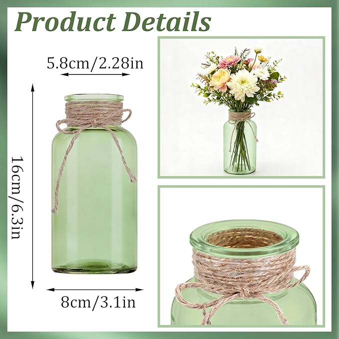 Vintage Glass Flower Vase, Farmhouse Glass Centerpiece Vases Mason Jars for Weddings, Parties & Home Decor Bulk (12, Green)