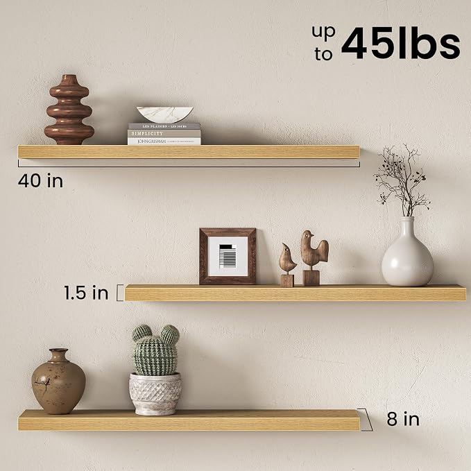 Fun Memories 40Inch Floating Shelves for Wall, 8 Inch Deep Shelves for Bathroom|Bedroom|Kitchen, Large Wall Mounted Wood Hanging Shelf with Invisible Brackets for Home Storage Decor, Oak - 2 Pack