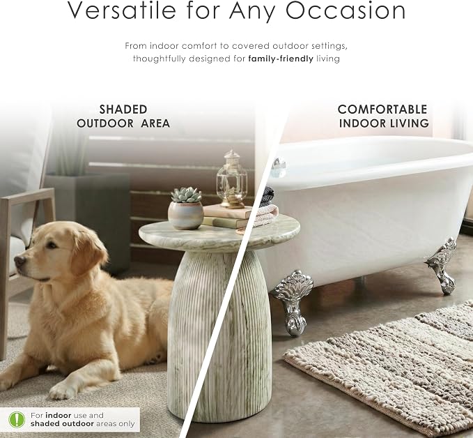 24/7 Shop at Home Ranera Modern 17-inch Natural Stone Side Table with Round Pedestal Base, Marble Nightstand, Fluted Patio End Table, for Living Room, Covered Outdoor Spaces, Balcony, Green Travertine