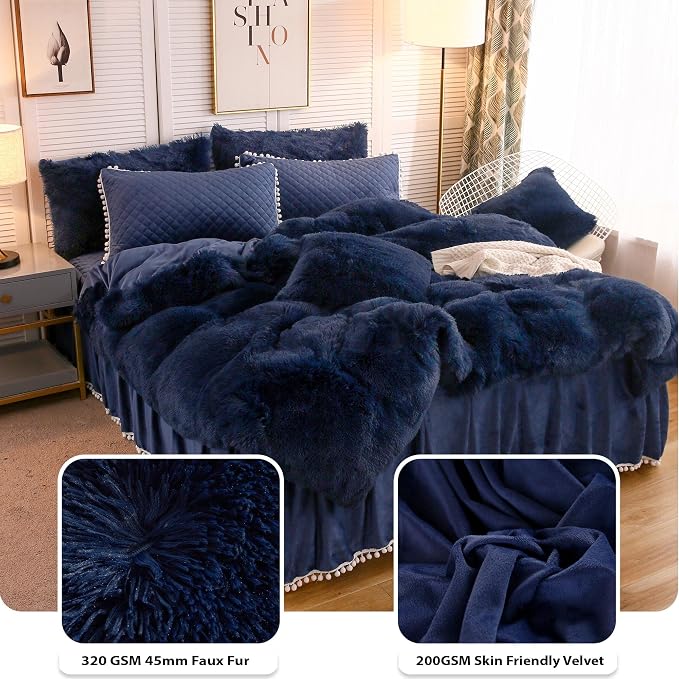 LIFEREVO Luxury Plush Shaggy Duvet Cover Set, Ultra Soft Velvet Fluffy Furry Duvet Cover Set(1 Faux Fur Fuzzy Comforter Cover + 2 Pom Poms Pillowcases) Solid Bedding Set, Zipper Closure(King, Navy)