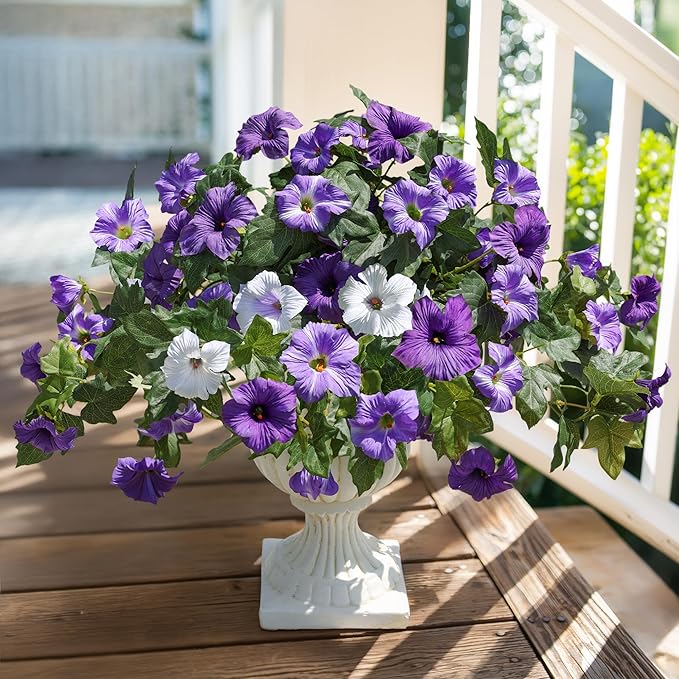 HyeFlora Artificial Flowers for Outdoors 2PCS Faux Petunias Silk Fake Flowers for Outside Planter UV Resistant Realistic Home Garden Porch Decor (Purple)