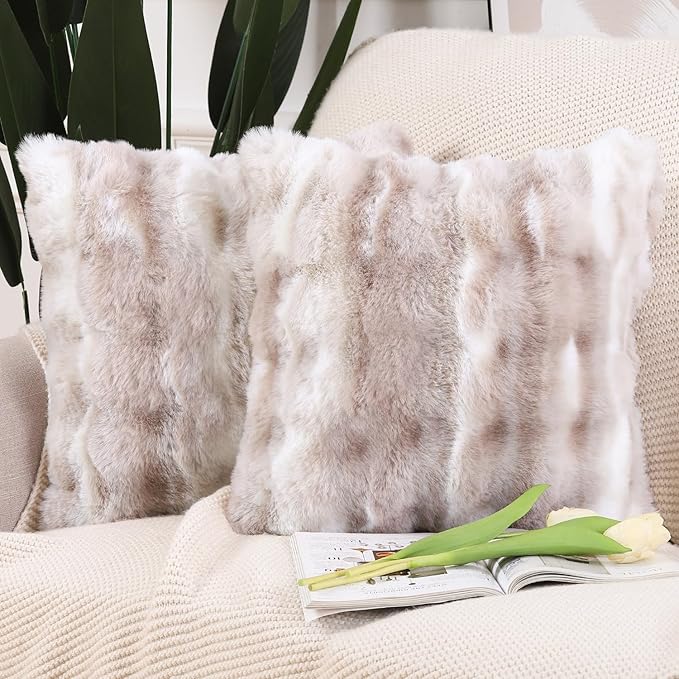 MADIZZ Pack of 2 Thick Plush Faux Wool Throw Pillow Covers Soft Boho Throw Pillows Luxurious Cushion Covers for Couch Sofa Bedroom Living Room Home Decor 16x16 Inch White Taupe