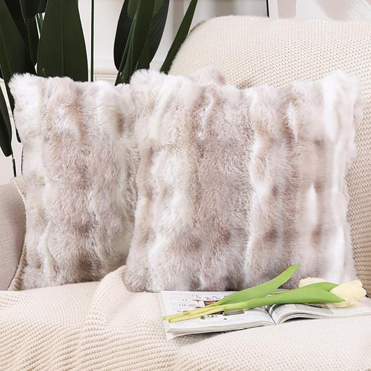 MADIZZ Pack of 2 Thick Plush Faux Wool Throw Pillow Covers Soft Boho Throw Pillows Luxurious Cushion Covers for Couch Sofa Bedroom Living Room Home Decor 20x20 Inch White Taupe