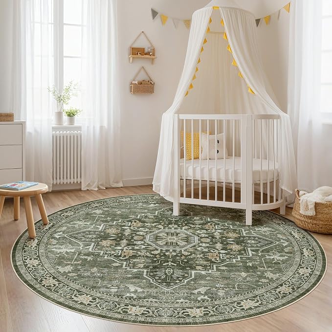 Round Rug Living Room Rugs: 10x10 Washable Boho Neutral Large Circle Soft Indoor Floral Stain Resistant Floor Farmhouse Carpet for Bedroom Nursery Kids Playroom Office Dining Room- Dark Green
