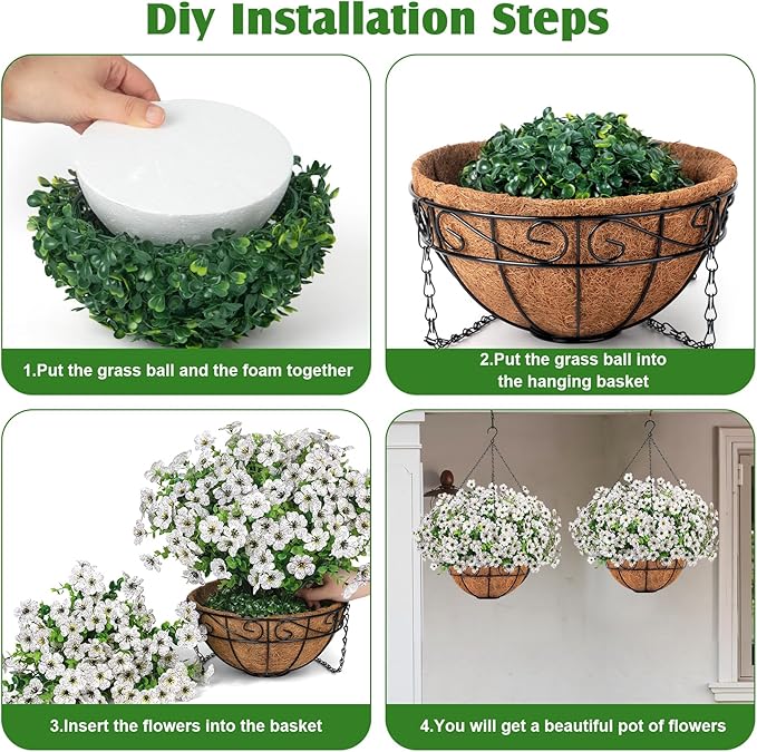 Ouddy Decor Artificial Hanging Flowers with Basket, Fake Hanging Plants with Faux Silk Flowers UV Resistant for Outdoors Indoors Spring Summer Porch Patio Balcony Yard Home Decorations, White