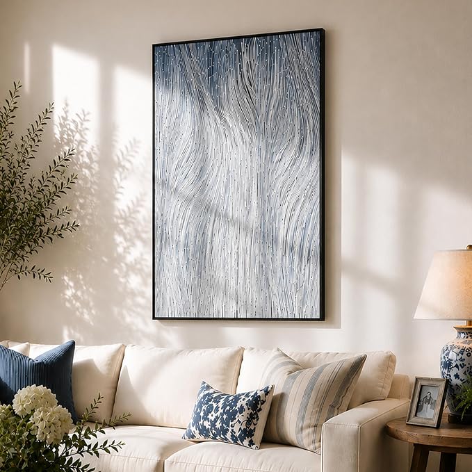 CCPEAR Large Abstract Textured Wall Art, Modern Neutral Wavy Line Canvas Painting, Framed Minimalist Wall Decor for Living Room Bedroom Office, 48x32 Inch