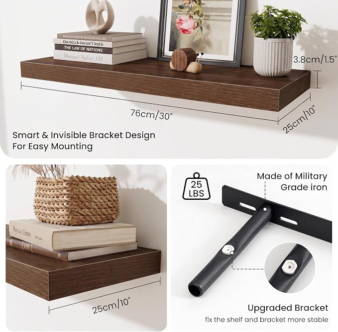 Fun Memories Floating Shelves for Wall, 30 Inch Long Floating Shelves Set of 2, 30 x 10 Wooden Shelves for Wall, Large Storage Shelves, Hanging Shelves for Bathroom Kitchen Bedroom, Walnut
