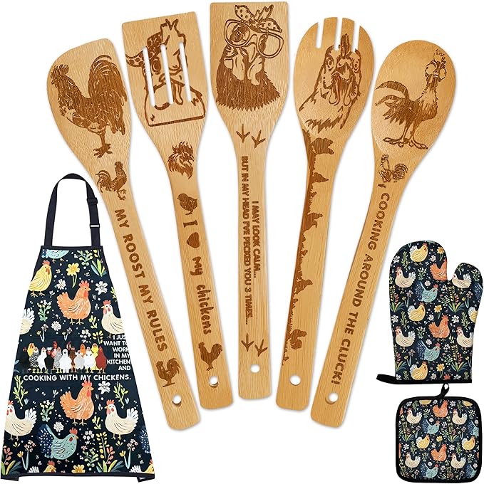 8 PCS Chicken Bamboo Cooking Spoon with Apron and Oven Mitts,Rooster Kitchen Utensil Decor Gifts for Women Chicken Lovers,Roosters Themed Decorations for Home,Housewarming,Birthday,Mother's Day,Easter
