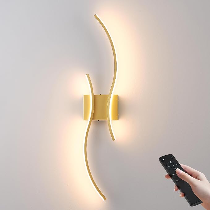 KARTOOSH Battery Operated Wall Sconce with Remote Control, Stepless Colors 3000K-6000K & Dimming, LED Gold Wireless Wall Light for Living Room, Hallway, Bedroom, 27.5 Inch (1 Pack)