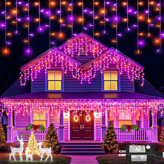 Orange and Purple Halloween Lights Outdoor Indoor, 33ft Icicle Lights for Outside 400 LED Twinkle Christmas Light with 75 Drops Clear Wire Short Curtain Light for House Party Tree Holiday Yard Decor