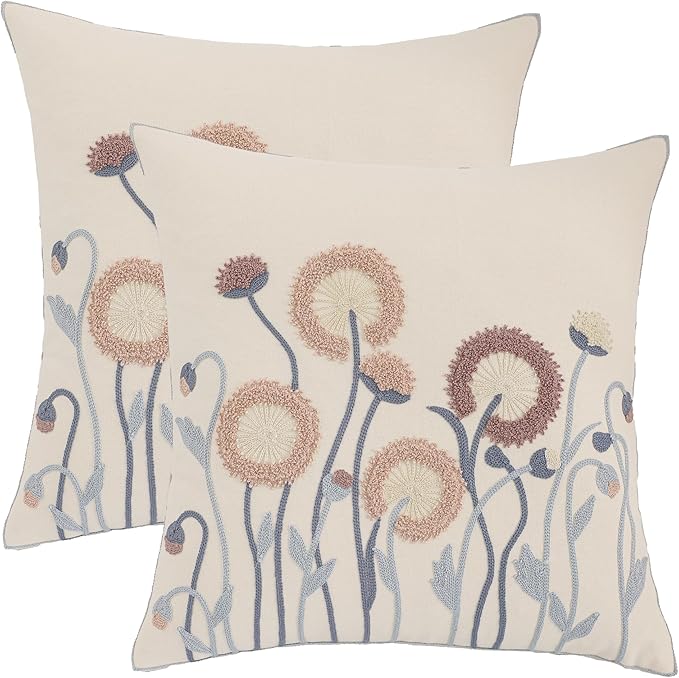 Embroidery Throw Pillow Covers 18x18 Set of 2 Vintage Blowball with Blue Leaves Farmhouse Pillow Cushion Case Decorative Pillowcases Square Rustic Floral Pillow Case Spring Summer Home Decor