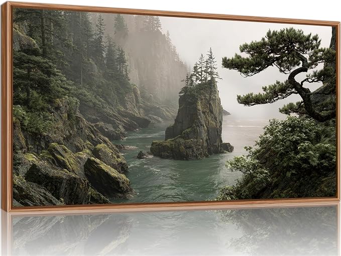 Rantodecor Coastal Forest Framed Canvas Wall Art, Pacific Northwest Coast landscape Wall Decor, Nature PNW Mountain Sea Art Paintings, Sage Green Pine Artwork for Bedroom Living Room Office 40"x20"