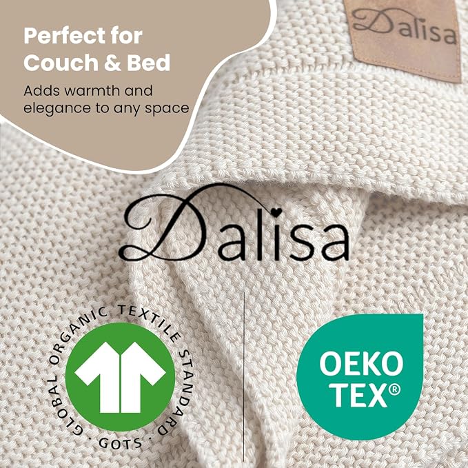 Dalisa 100% Organic Turkish Cotton Throw Blanket - GOTS Certified, Cozy - Perfect for Couch, Bed, and Home Decor - Boho Vintage Knit Alina (Earth Ivory, 80x90)