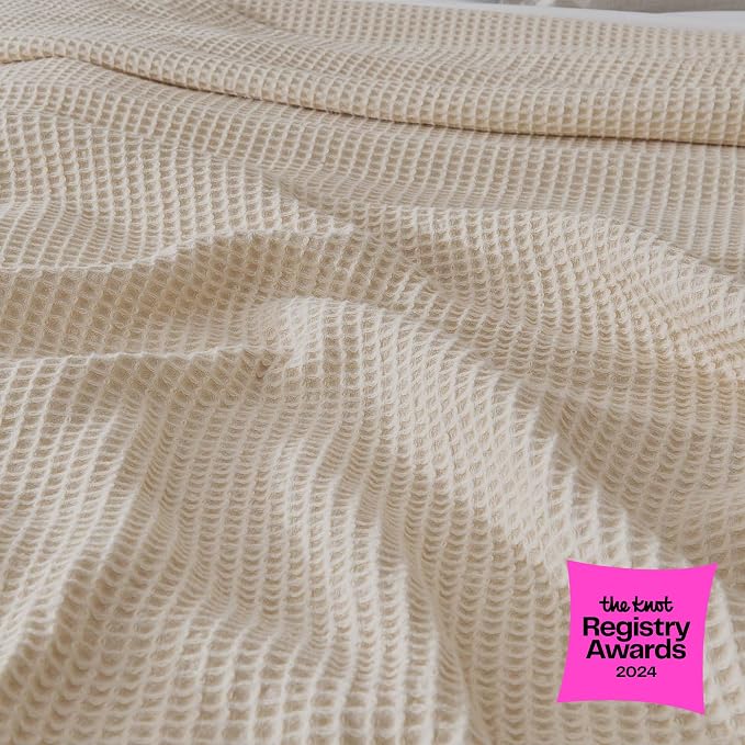 100% Cotton Green Blanket Full/Queen Size for Bed - Breathable and Soft, Waffle Weave for Summer Spring, 90x90 Inches (Oatmeal)