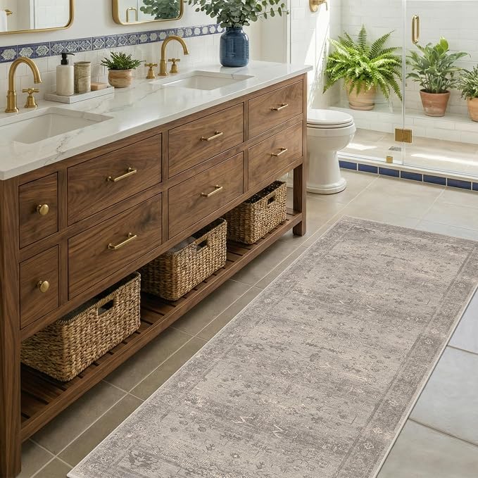 TALANOVA Bathroom Runner Rug 2x6, Washable Non Slip, Soft Stain Resistant for Kitchen, Hallway & Laundry Room, Greige, Warm Grey Granite, Vintage Mineral Geometric, Modern Farmhouse Rustic