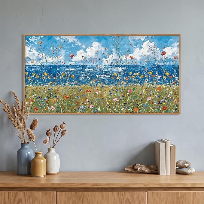 BICERE Large Blue Seaside Wildflower Framed Canvas Wall Art,Modern Nature Ocean Wall Decor,Rustic Sky Printing,White Cloud Landscape Artwork for Living Room,Bedroom,Dining Room-20"x40"x1