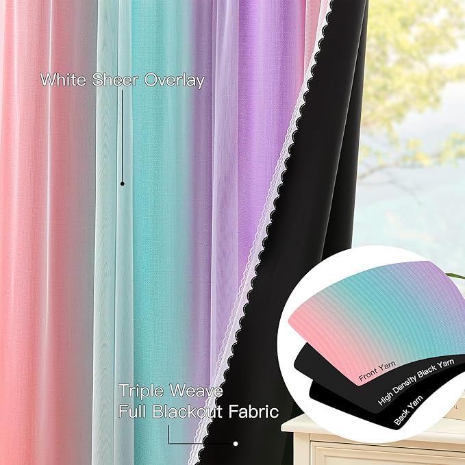 XiDi Double Layer Curtains for Nursery Girls Bedroom 84 Inches Long Full Blackout for Kids Princess Room Colorful Rainbow Design Unicorn Wall Decor Ombre Pink Purple Green Curtains W34 X L84 2 Panels