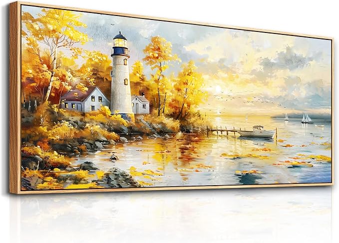 XIGUANGART Extra Large Wall Art for Living Room Modern Framed Coastal Beachy Canvas Wall Art Big Floral Sunrise Yellow Wall Picture Lighthouse Nature Sunset Artwork for Office Bedroom Decor 32x72 In