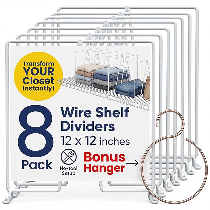 White Wire Shelf Dividers for Closet Organization – 4-Pack - Sturdy and Easy Set-Up Closet Shelf Dividers with Bonus Rose Gold Hanger - 12 inches x 12 inches