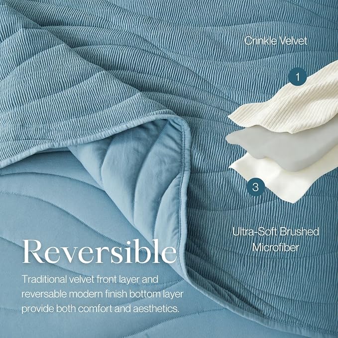 DOWN HOME Crinkle Textured Velvet Quilt Set with Shams, All-Season Luxury Modern Bedding,Easy Care Comforter,Ultra-Soft,Lightweight & Breathable, Cali King, Celestial Blue